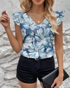 Blusa ajustada para mujeres con estampado de teñido anudado en azul