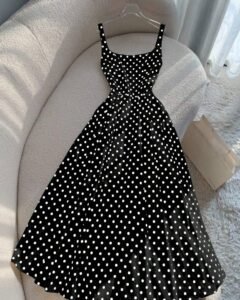 Vestido largo de tirantes de mujer con estampado de lunares al estilo francés