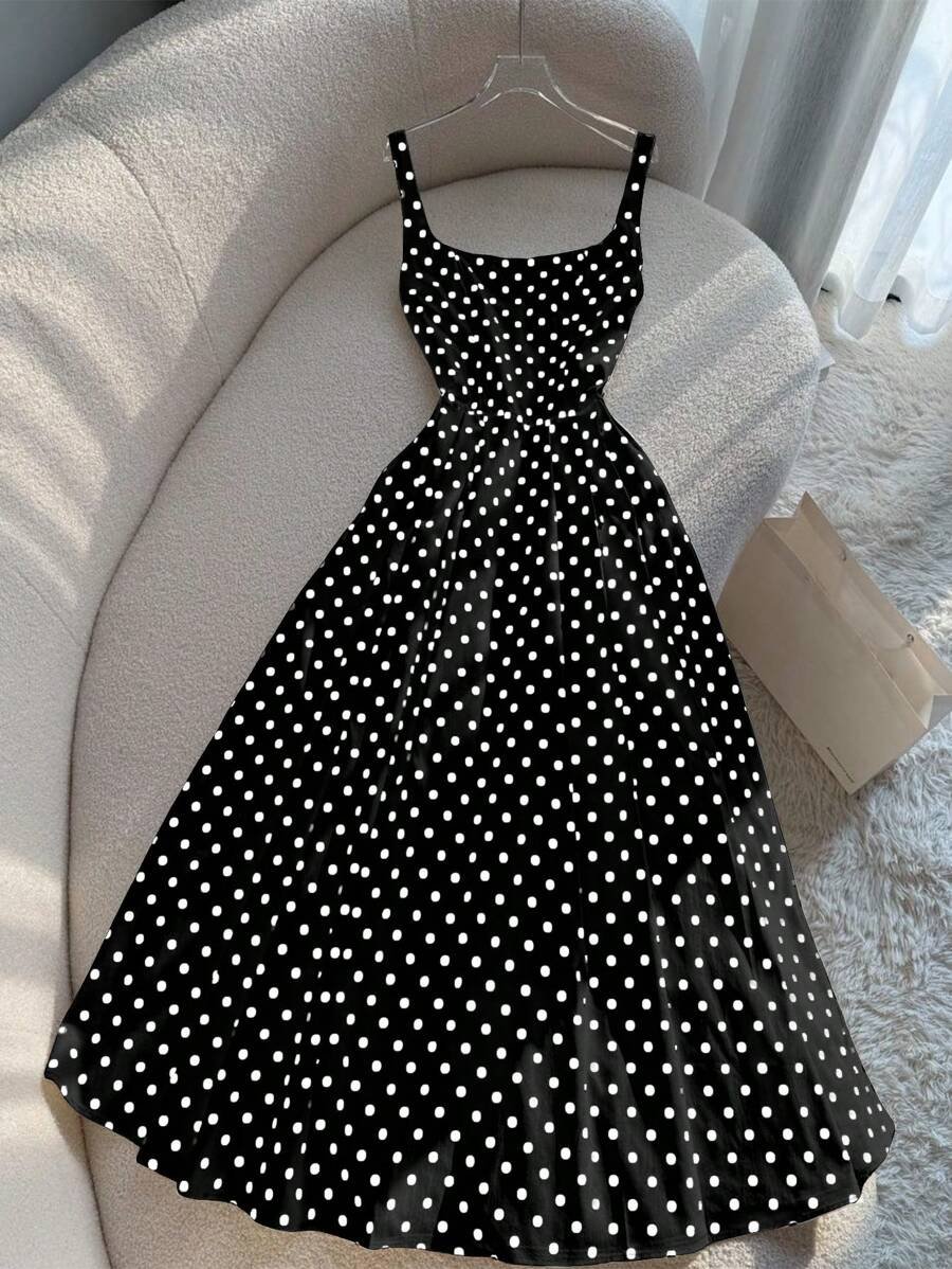 Vestido largo de tirantes de mujer con estampado de lunares al estilo francés