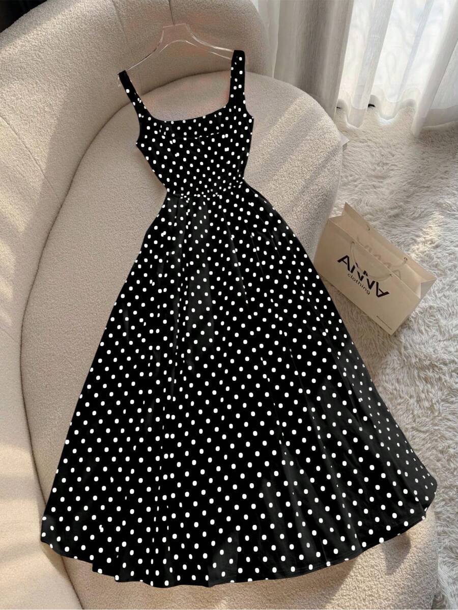 Vestido largo de tirantes de mujer con estampado de lunares al estilo francés - Imagen 2