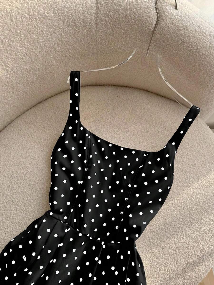 Vestido largo de tirantes de mujer con estampado de lunares al estilo francés - Imagen 3