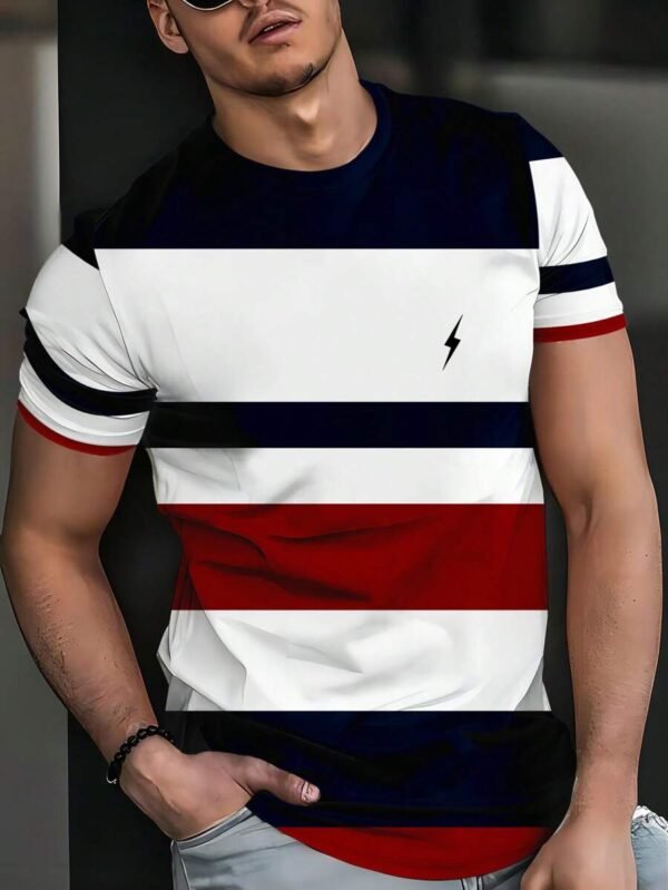Playera de cuello redondo casual para hombre con estampado de rayas - Imagen 2