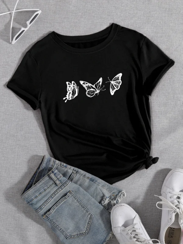 Camiseta con estampado de mariposa de cuello redondo
