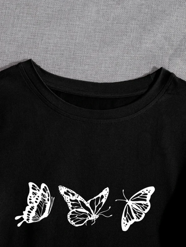 Camiseta con estampado de mariposa de cuello redondo - Imagen 3
