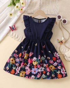 Vestido Encantador Joven Chica Con Diseño Impreso De Mariposas Y Flores