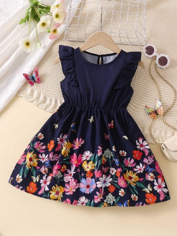 Vestido Encantador Joven Chica Con Diseño Impreso De Mariposas Y Flores