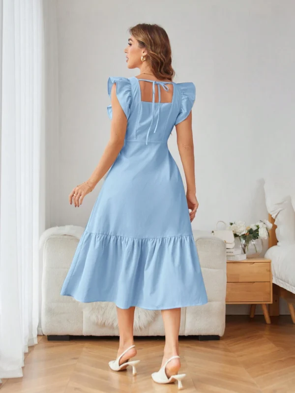 Vestido de hombros cuadrados de unicolor con volantes en el bajo y sin mangas - Imagen 2