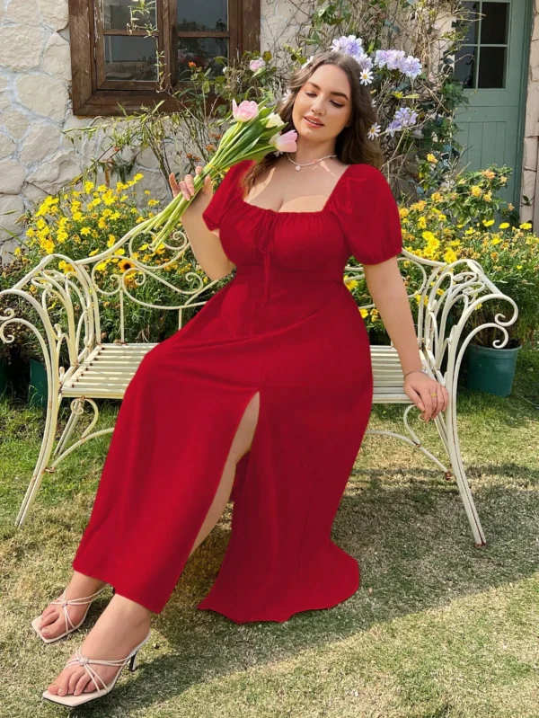 Vestido de talla grande de unicolor con mangas abullonadas - Imagen 3