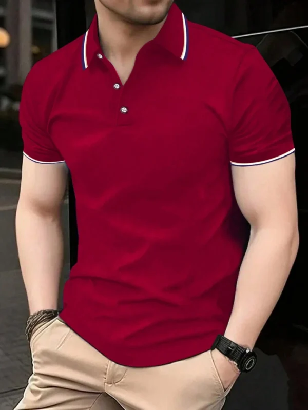 Camisa polo de manga corta casual de hombre con ribete de rayas