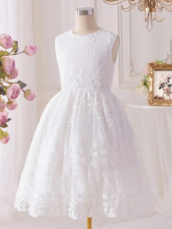 Vestido informal con cuello en V y superposición de malla con bordados
