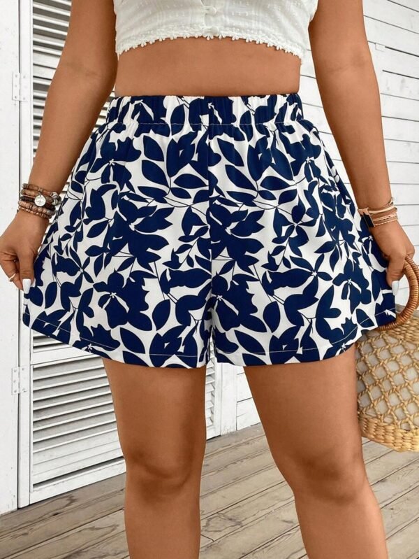 Shorts casuales de cintura elástica con estampado de plantas - Imagen 2