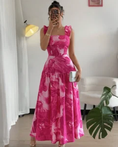 Vestido camisero sin mangas con cintura ceñida, cuello cuadrado y volantes