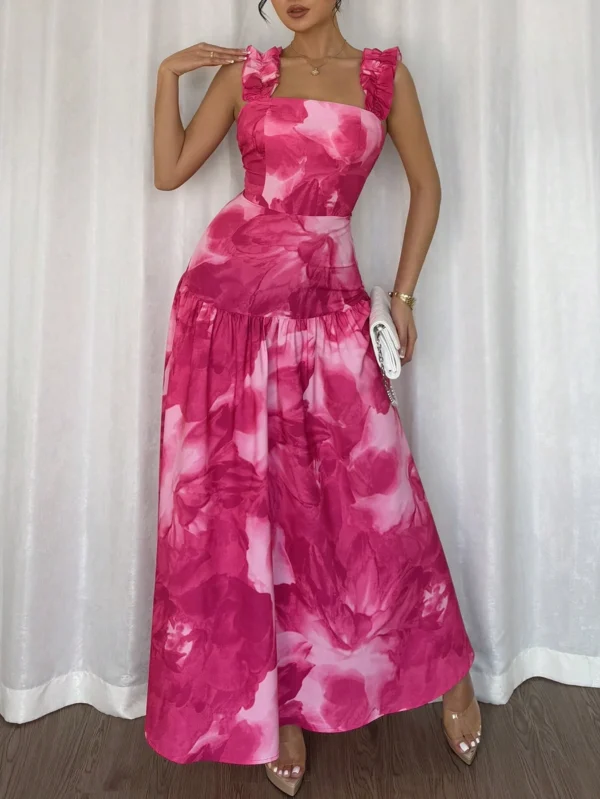 Vestido camisero sin mangas con cintura ceñida, cuello cuadrado y volantes - Imagen 3