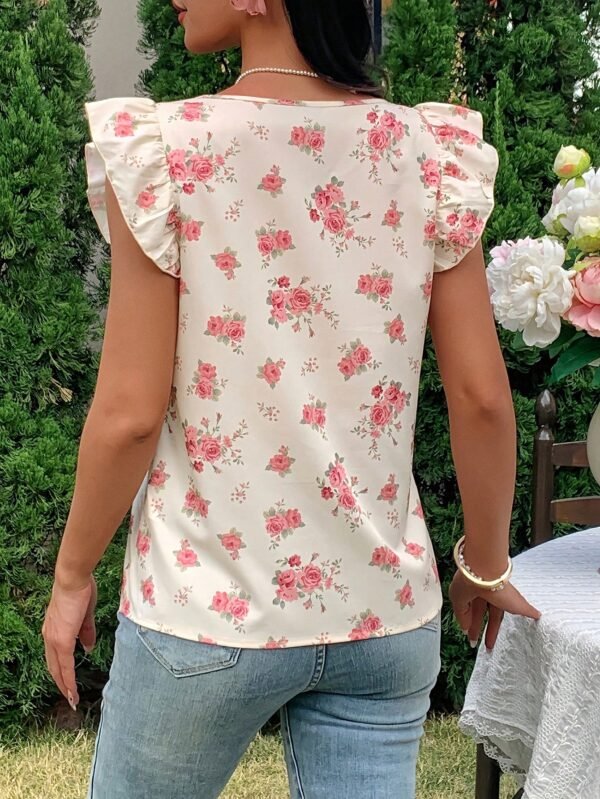 Blusa romántica estampada de flores de cuello cuadrado - Imagen 2