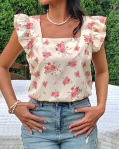 Blusa romántica estampada de flores de cuello cuadrado