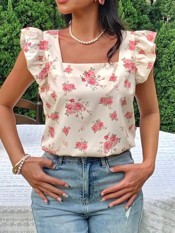 Blusa romántica estampada de flores de cuello cuadrado