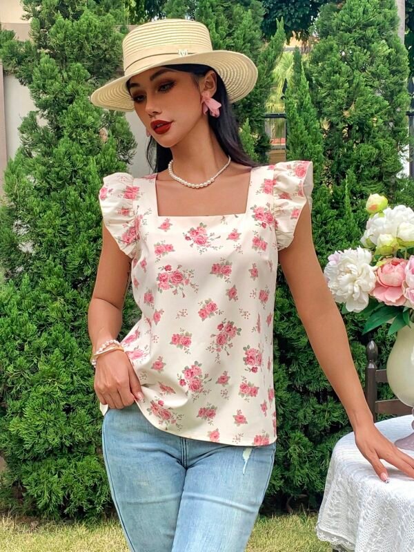 Blusa romántica estampada de flores de cuello cuadrado - Imagen 3