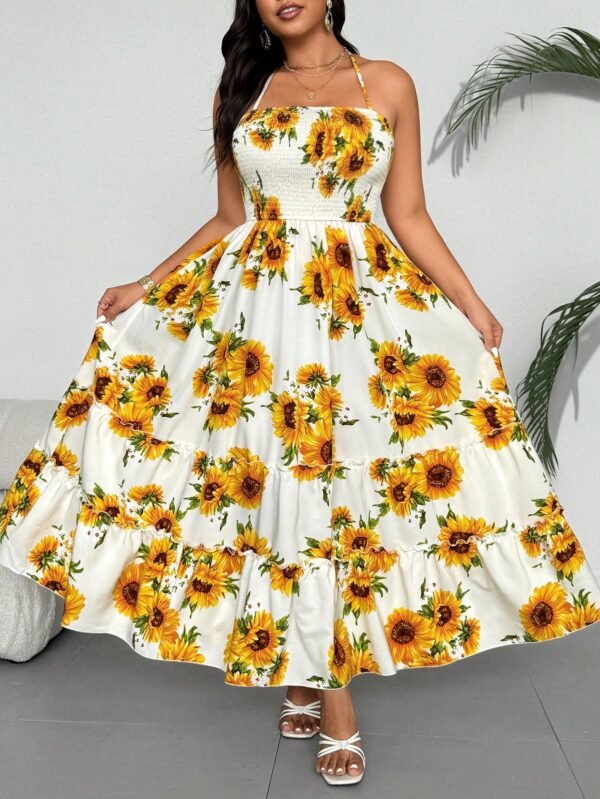Vestido largo de tirantes tipo línea A con estampado de girasol