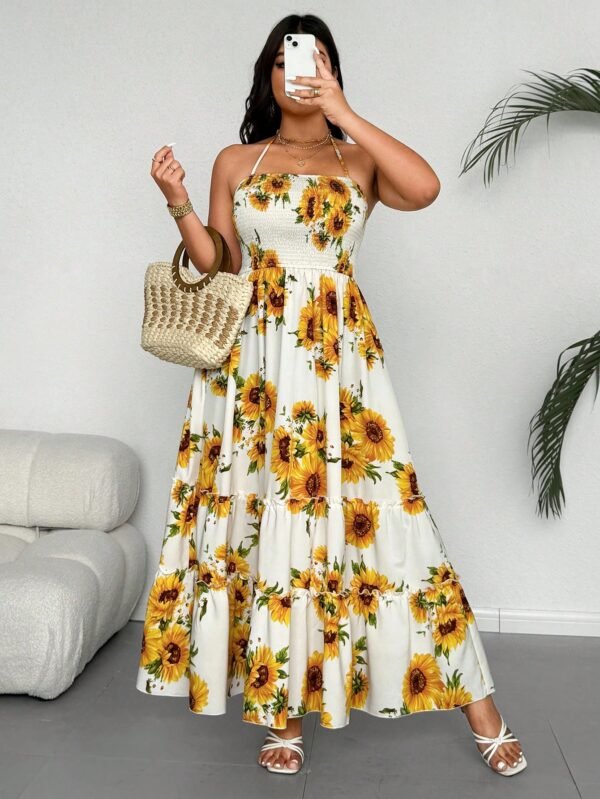Vestido largo de tirantes tipo línea A con estampado de girasol - Imagen 3