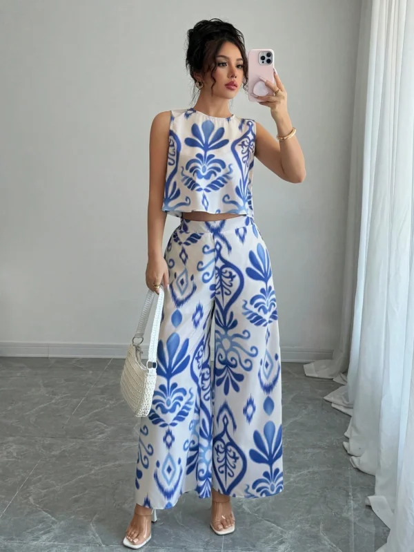 Set de 2 piezas con parte superior estampada de flores + pantalones anchos