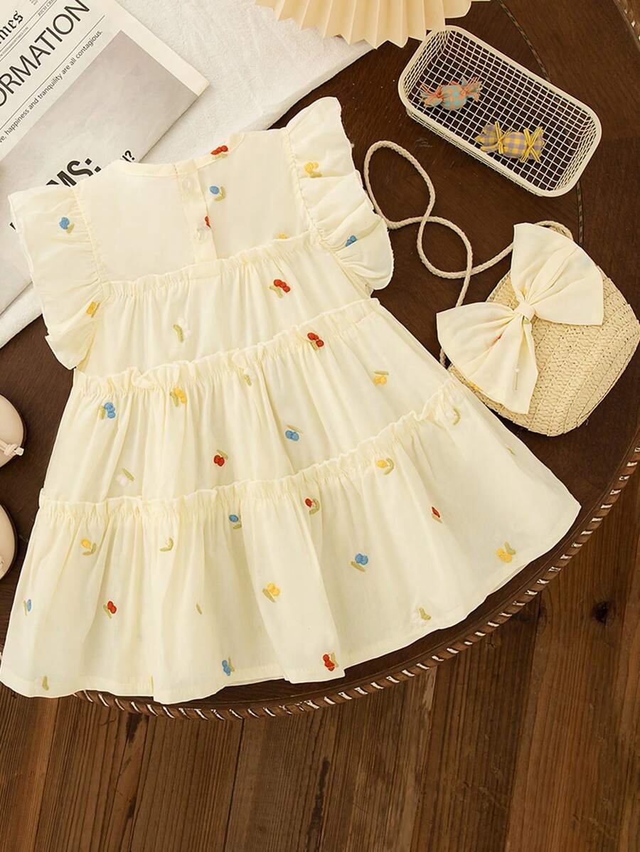 Vestido sin mangas de unicolor con bordado de flores y cerezas y bolso - Imagen 2