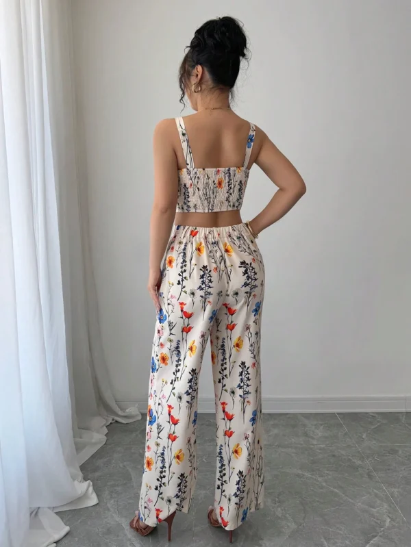Conjunto de camisa sin mangas de cuello en V con Pantalones rectos con estampado floral - Imagen 2