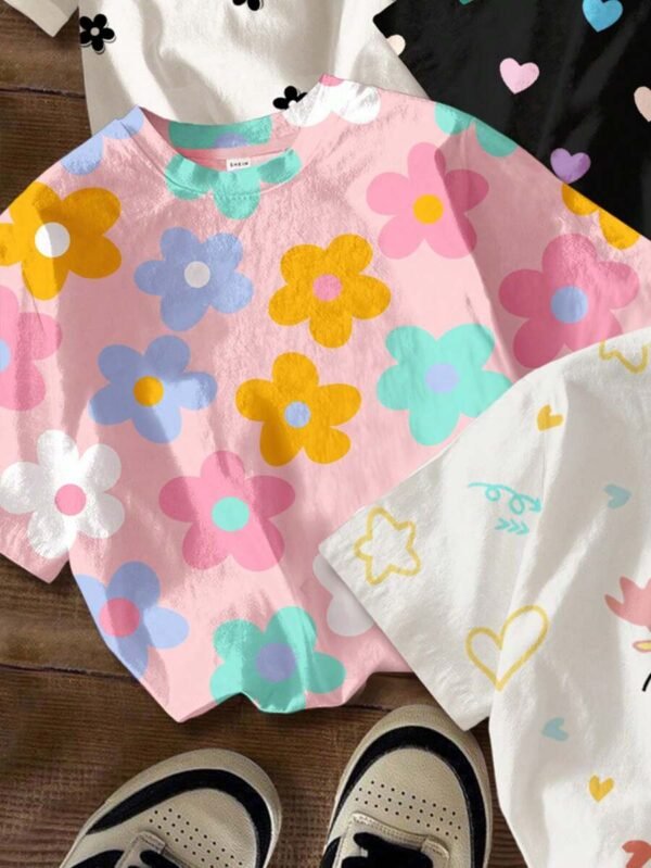 camisetas de manga corta de cuello redondo con estampado de flores - Imagen 3