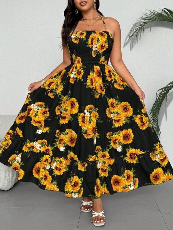 Vestido largo de tirantes tipo línea A con estampado de girasol