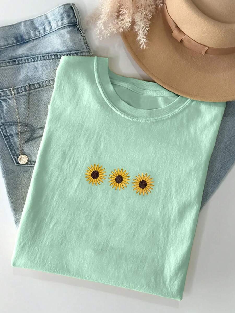 Camisetas de mujer para primavera y verano bordados de diseño de crisantemo - Imagen 3