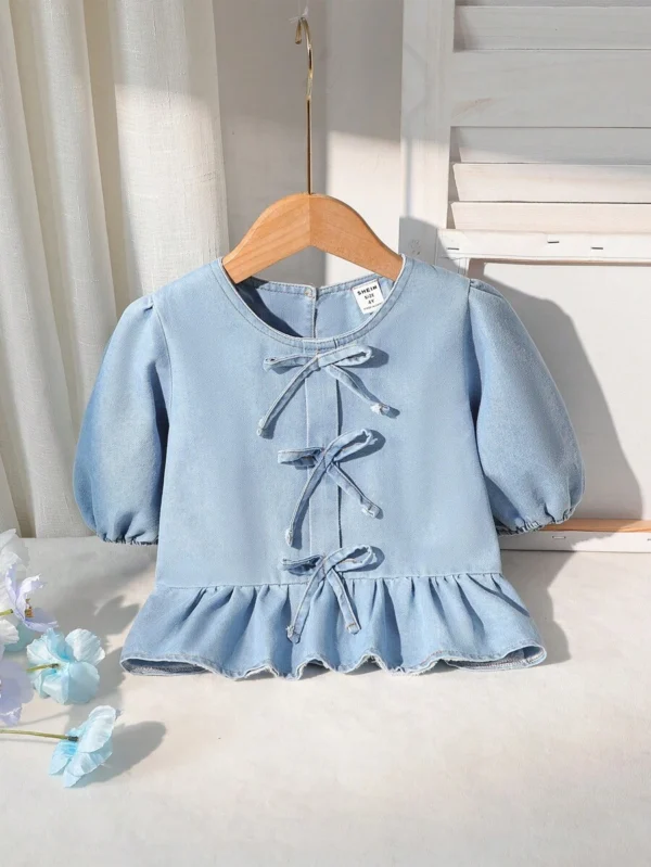 Blusa elegante de verano con cuello redondo y manga corta al estilo europeo
