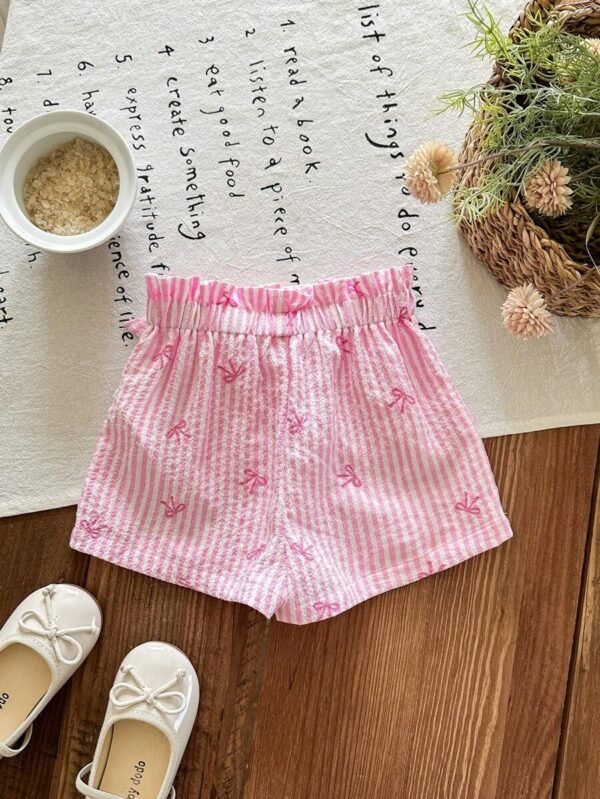 Pantalones cortos de niña bebé con cintura de papel y decoración de lazo - Imagen 2
