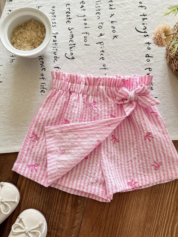 Pantalones cortos de niña bebé con cintura de papel y decoración de lazo - Imagen 3
