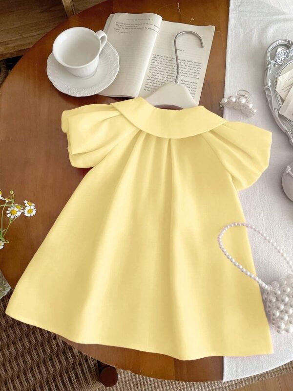 Vestido de manga corta con cuello Peter Pan, moño y estampado lindo amarillo - Imagen 2