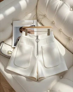 Shorts de verano casuales de mujer con cremallera frontal y bolsillos