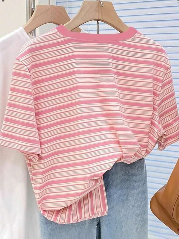Camiseta de cuello redondo de manga corta, de estilo casual a rayas - Imagen 2