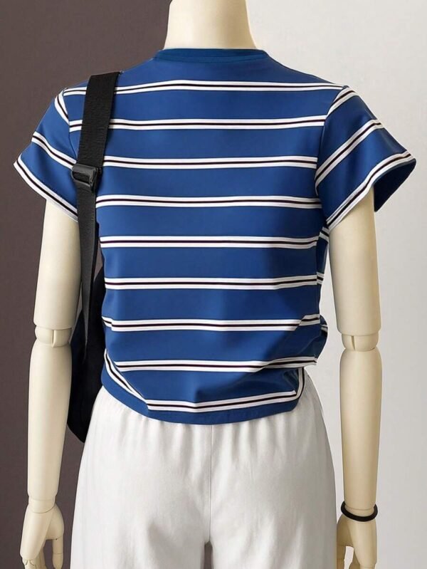 Camiseta de cuello redondo de manga corta, de estilo casual a rayas - Imagen 2