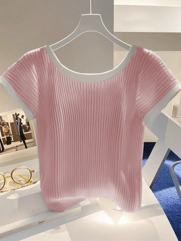 Camiseta de manga corta de punto ajustada de estilo francés - Imagen 2