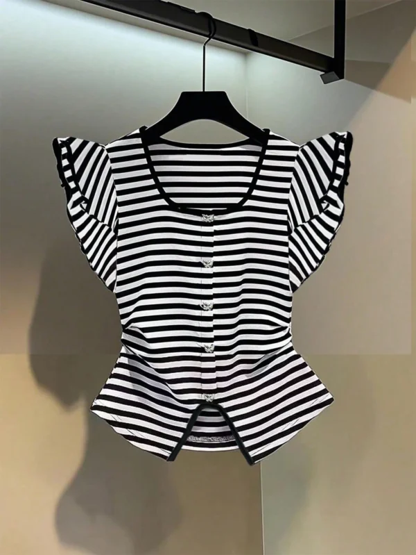 Camisa de punto con cuello en U, manga corta, bajo con efecto mariposa