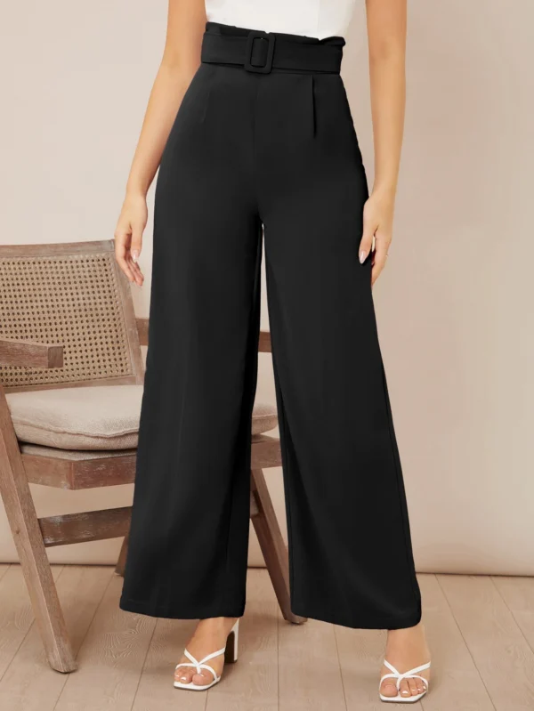 Pantalones de pierna ancha unicolor de talle alto con cinturón - Imagen 3