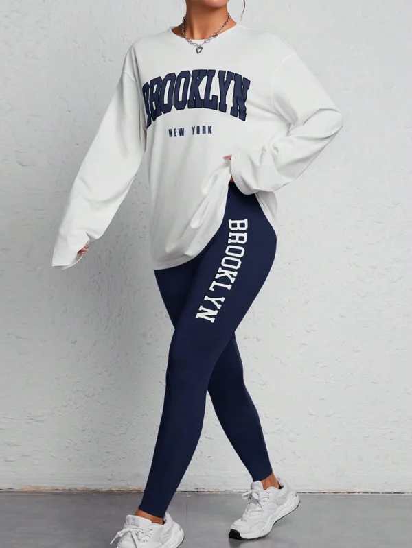 Sudadera con gráfico de letras de primavera y hombros caídos y leggings