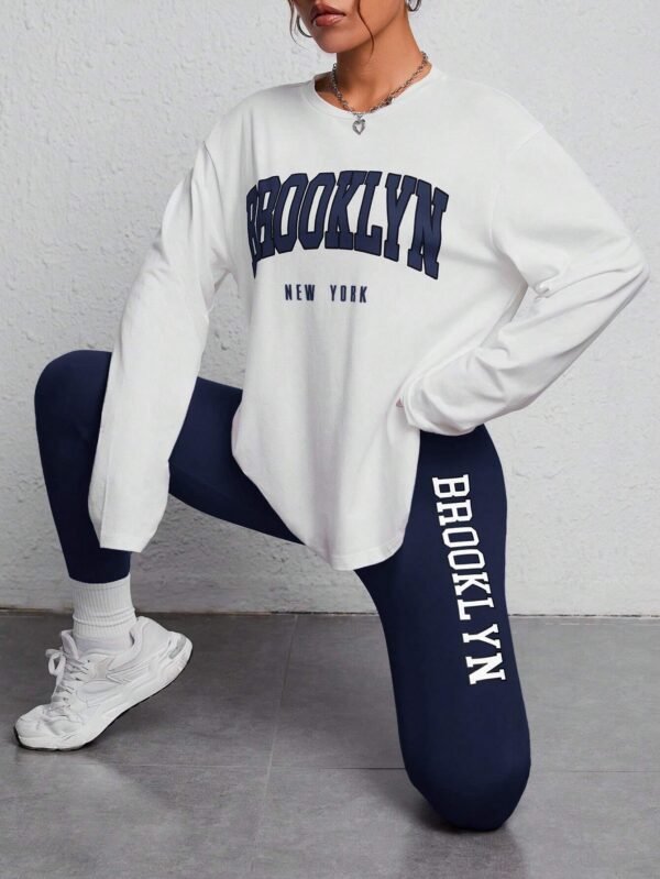 Sudadera con gráfico de letras de primavera y hombros caídos y leggings - Imagen 3