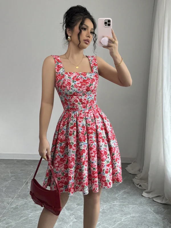 Vestido con estampado floral romántico de margaritas, escote ancho