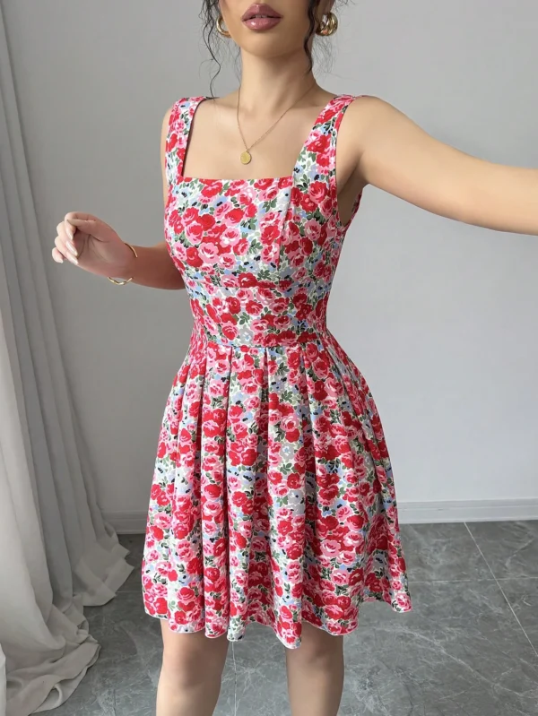 Vestido con estampado floral romántico de margaritas, escote ancho - Imagen 3