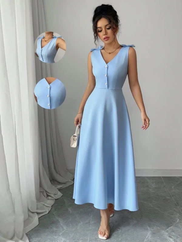 Vestido midi azul para mujer sin mangas con lazo y botones en la cintura