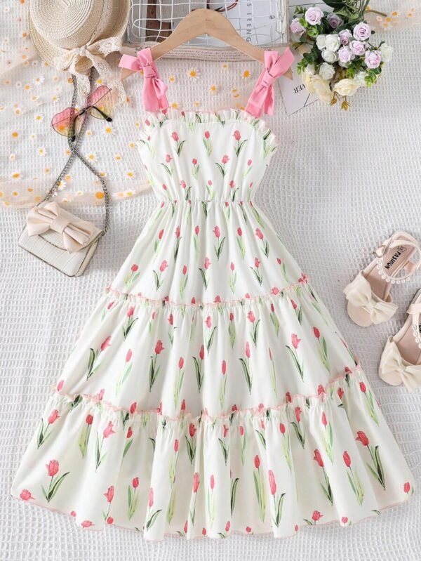 Vestido de tirantes para fiesta del té con estampado floral y bajo con volantes