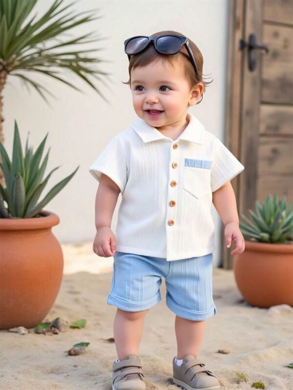 Camisa de botones de unicolor + Conjunto de pantalones cortos - Imagen 3