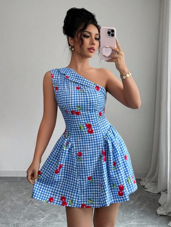 Vestido corto ajustado de mujer con estampado de cuadros y cereza