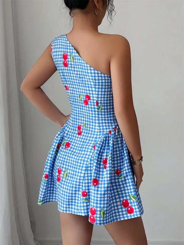 Vestido corto ajustado de mujer con estampado de cuadros y cereza - Imagen 2