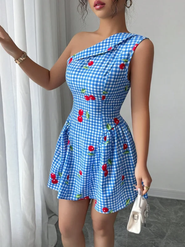 Vestido corto ajustado de mujer con estampado de cuadros y cereza - Imagen 3