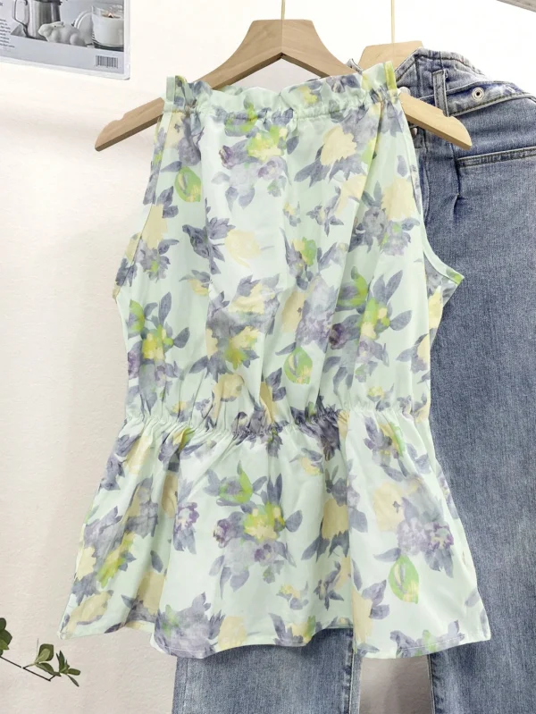Blusa sin mangas de mujer con estampado floral y volante